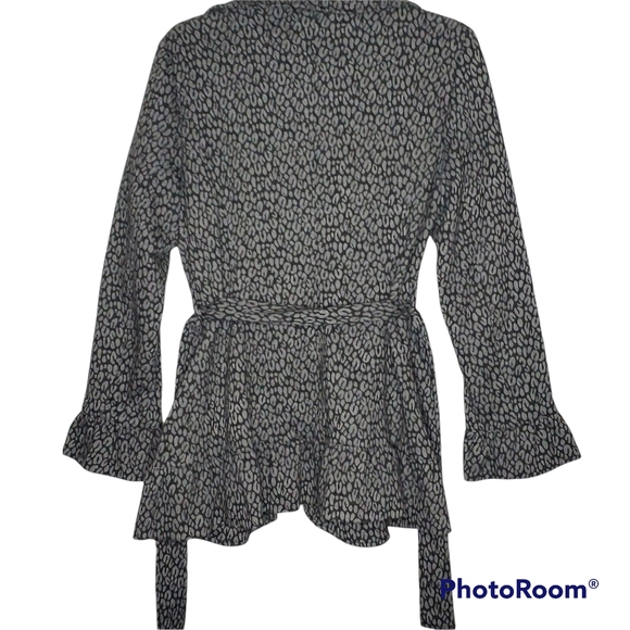 Sandro studio animal print ruffled collar belted ruffle cuff jacket gray medium - Picture 7 of 8